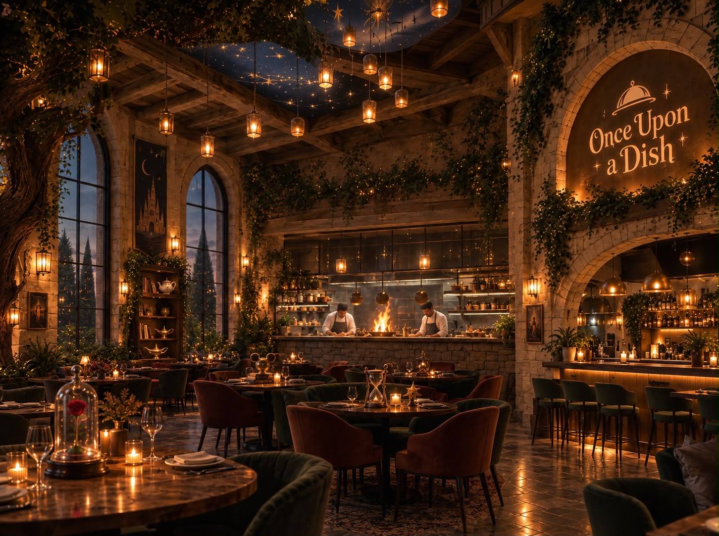 The dining room of Once Upon a Dish: hanging lanterns, a constellation ceiling, an open kitchen and a rose under a glass cloche.